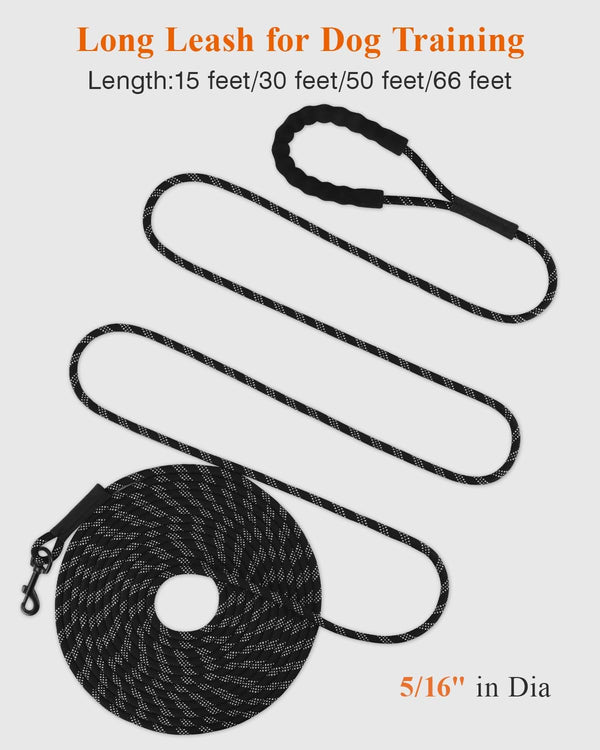 Taglory Long Dog Leash, 15FT 30FT 50FT 66FT Reflective Dog Recall Training Leash with Soft Padded Handle for Beach, Park, Outdoor Adventures, Large Dogs, Black 30FT3