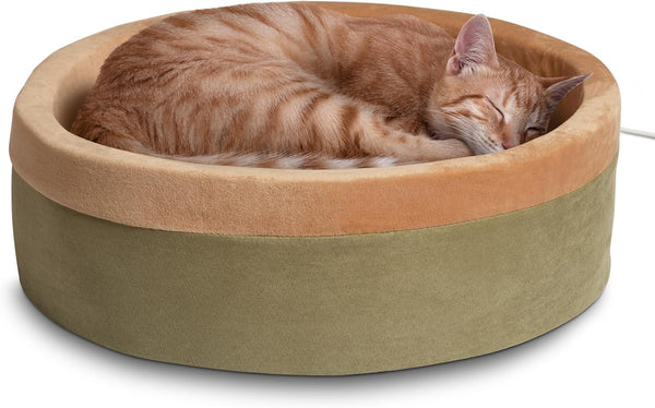 K&H Pet Products Thermo-Kitty Bed Heated Cat Beds for Large Indoor Cats & Dogs, Calming Warming Pillow Pet Bed, Machine Washable, Removable Heater, Safety Listed - Large 20" round Mocha/Tan12