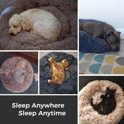 Calming round Dog Bed & Cat Bed for Indoor Cats, Medium Size Washable Anti-Slip Anti-Anxiety Donut Dog Beds for Small Dogs & Cats, Fluffy Plush Soft Dog Bed(20 Inch, Light Grey)6