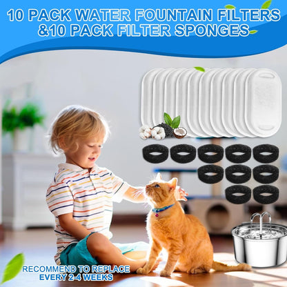 Cat Water Fountain Filters, 20Pack Cat Fountain Replacement Filters for Stainless Steel 108Oz/3.2L& 67Oz/2L Adjustable Water Flow Pet Water Fountain,Dog Water Fountain Filters（10 Filters& 10 Sponges)5