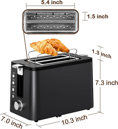 Toaster 2 Slice Stainless Steel Body, Timer, Bagel, Defrost, Reheat, Cancel Functions, Warming Rack, Removable Tray, 6 Browning Settings, Extra Wide Slots, Bread Toaster, 120V 800W Black8