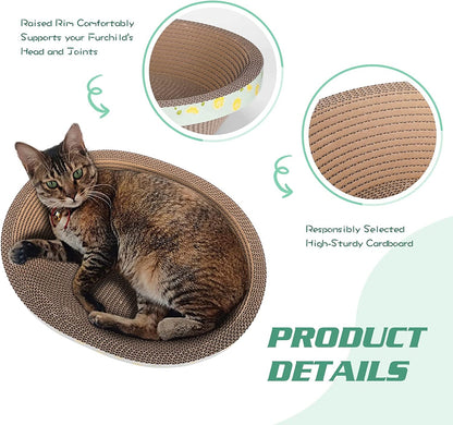 Oval Cat Cardboard Scratcher with Lounger Bed, High-Density Kitty Cat Scratching Pad for Indoor Cats Grinding Claws, Ergonomic Curved Furniture Couch Cat Scratch Protector, 17.3" × 13.6" × 4.5"2