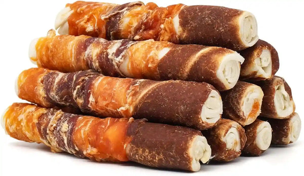 MON2SUN Dog Treats, 6 Inch Triple Flavor Wrapped Rawhide Rolls, 17.6 Oz | 10 Count Pack, Chicken Liver, Duck and Chicken Recipe, Teeth Cleaning Chews, Sized for Medium Dogs1