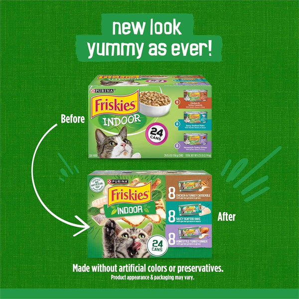 Purina Friskies Indoor Cat Food 24Ct VP - (Chicken and Turkey Casserole, Saucy Seafood Bake, Homestyle Turkey Dinner) - (Pack of 24) 5.5 Oz. Cans2