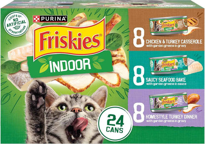Purina Friskies Indoor Cat Food 24Ct VP - (Chicken and Turkey Casserole, Saucy Seafood Bake, Homestyle Turkey Dinner) - (Pack of 24) 5.5 Oz. Cans1