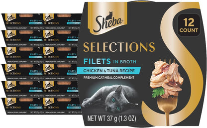 Sheba Selections Wet Cat Food Complement, Chicken & Tuna, 1.3 Oz, 12 Ct | Grain-Free, Real Chicken #1 Ingredient, No Artificial Flavors, Peel & Serve, Food Topper or Treat, 1.3 Oz. Cups, Adult Food1