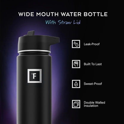 40 Oz Wide Mouth Water Bottle with Straw | Insulated Stainless Steel Sports Water Bottle with Leakproof Straw Lid - BPA Free, Cold 24 Hrs, Sweat Free (Midnight Black)2