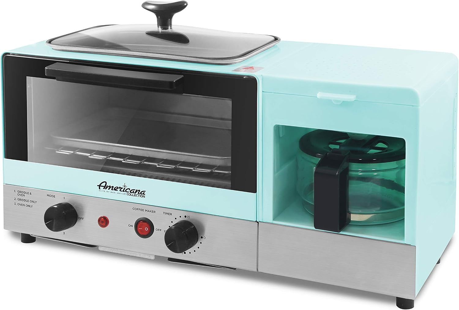 americana-breakfast-center-griddle-toaster-oven-blue-2-slice-w-15-min-timer-heat-selector-mode-plus-9-5-griddle-w-glass-lid-4-cup-coffeemaker