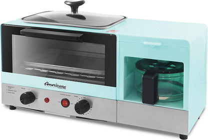 Americana Breakfast Center, Griddle & Toaster Oven, Blue | 2-Slice W/15-Min Timer & Heat Selector Mode, plus 9.5" Griddle W/Glass Lid & 4-Cup Coffeemaker2