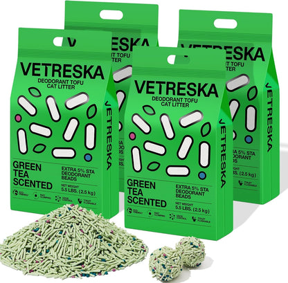 VETRESKA Tofu Cat Litter, Odor Control, Greentea 5.5Lb×2Bags | Natural Kitty Litter Strong Clumping Flushable Cat Litter Pellet Ultra Absorbent,Dust-Free,Low Tracking Deodorant Tofu Litter12