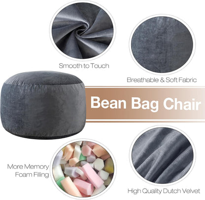 3 Ft Bean Bag Chair,Large Bean Bag Chairs for Adults,3 Foot,Dark Grey | Memory Foam Filling,Bean Bag Sofa for Living Room,Ultra Soft Velvet Fabric,Pull-Handle,Side-Pocket3