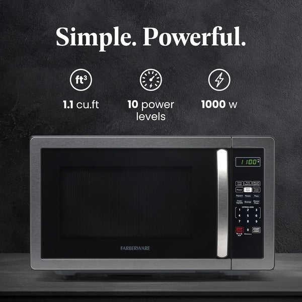 1.1 Cu. Ft. Countertop Microwave Oven – 1000 Watts Power, Auto Cook Settings, Defrost, Easy Clean and Child Safety Lock - Stainless2