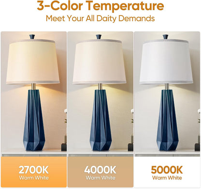 27'' Navy Blue Resin Table Lamps, Desk Lamps with 3 Color Temperature | Prism-Shaped Lamp Body, Rotary Switch, E26 Base, with Linen Shade, Desk Lamps for Living Room, Bedroom, 2 Bulbs Included3
