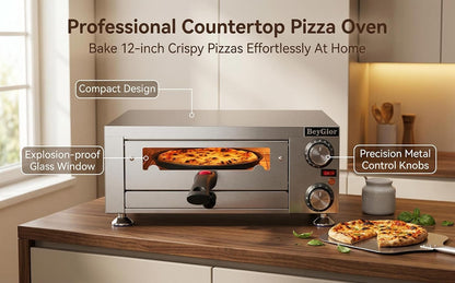 Electric Pizza Oven Indoor,12 Inch Countertop Pizza Maker with Viewing Window,Stainless Steel Commercial Pizza Oven, Removable Handle,Dual Baking Trays and Oven Mitts5