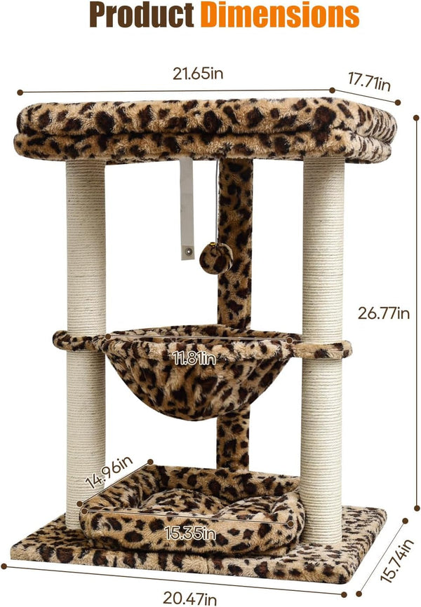 SYANDLVY Leopard Print Small Cat Tree with Top Perch, Hammock & Bottom Bed | 3 Level, Natural Sisal Scratching Post Tower with Hanging Bell Ball and Anti-Tip Strap, Stable Indoor Cat Furniture3