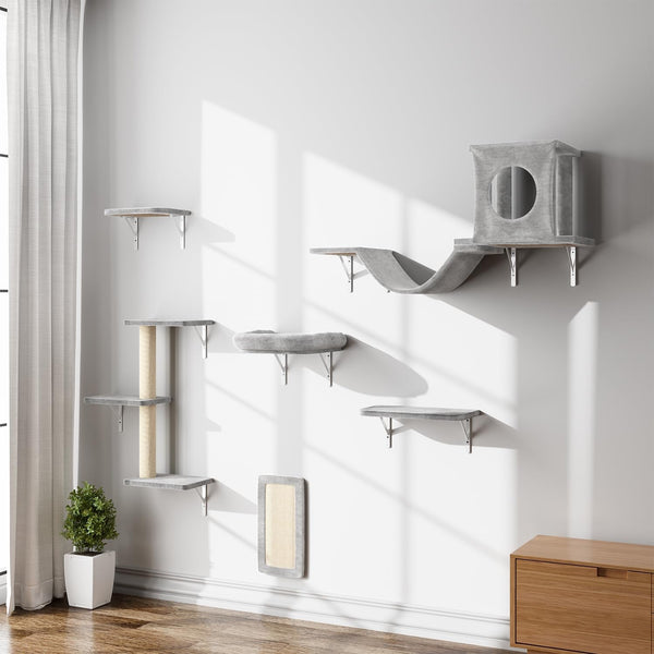 NUNU LAB Wall Mounted Cat Furniture Set - 6 Pcs Climber Set with House, Bridge, Steps, Scratcher Board - DIY Walls Playground, Indoor Cat Shelves - Gray16