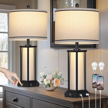 27" Tall Vintage Table Lamp Set of 2 with USB C+A & Outlet,Black Industrial End Table Lamp for Living Room,Farmhouse Rustic Bedside Lamps with Frosted Glass Night Light for Bedroom Nightstand,Black1