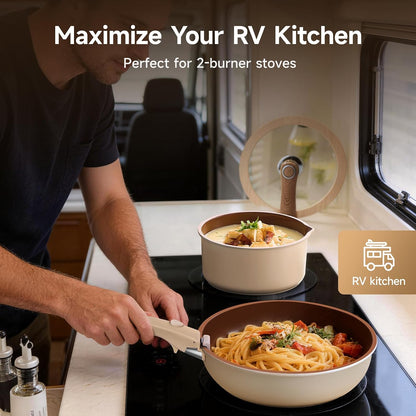 17-Piece RV Pots and Pans Set with Detachable Handle for Camper | Stackable RV Cookware, Induction & Oven Safe, Nonstick Ceramic Brown Interior, Dishwasher Friendly, PFOS & PFOA Free3