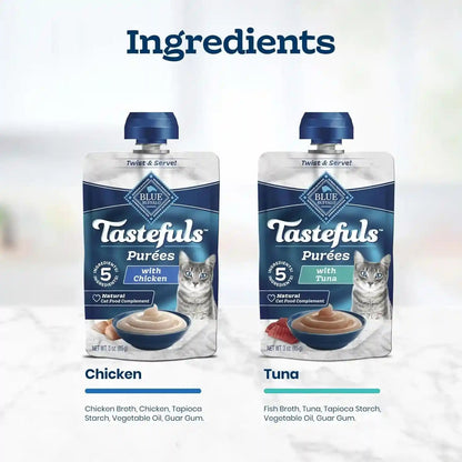 Blue Buffalo Tastefuls Purées Variety Pack Wet Cat Food Complement (Chicken & Tuna) Made with Natural Ingredients, for All Life Stages, 3-Oz. Resealable Pouches (12 Count)5