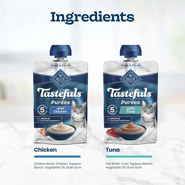 Blue Buffalo Tastefuls Purées Variety Pack Wet Cat Food Complement (Chicken & Tuna) Made with Natural Ingredients, for All Life Stages, 3-Oz. Resealable Pouches (12 Count)5