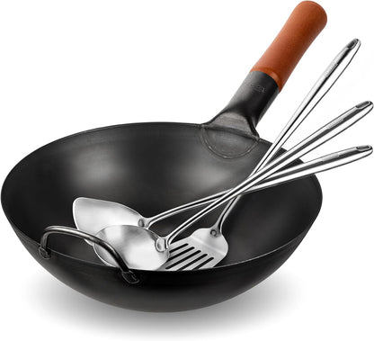 Carbon Steel 11.8" Stir Fry Wok Pan - Pre-Seasoned Chinese Wok with Flat Bottom, Black Wok for Induction Gas Stovetops + 17" Wok Spatula and Ladle and Turner Spatula - Stainless Stee1