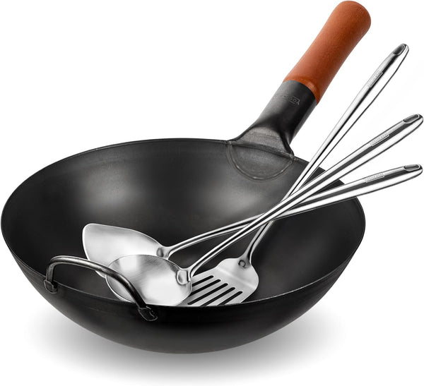 Carbon Steel 11.8" Stir Fry Wok Pan - Pre-Seasoned Chinese Wok with Flat Bottom, Black Wok for Induction Gas Stovetops + 17" Wok Spatula and Ladle and Turner Spatula - Stainless Stee1