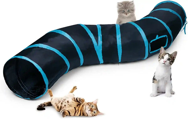 Sheldamy Cat Tunnel, S-2-Way Cat Tunnels for Indoor Cats, Collapsible Cat Play Tunnel, Interactive Toy Maze Cat House with 1 Play Ball for Cats, Puppy, Kitty, Kitten, Rabbit (Blue & Black)1