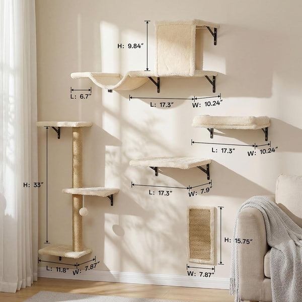 MEWANG 5-In-1 Cat Wall Shelves: Cat Climbing Furniture with Wall Mounted Perch & Lounge for Indoor Cats, Space-Saving Wall Pet Shelves for Play & Rest - Beige2