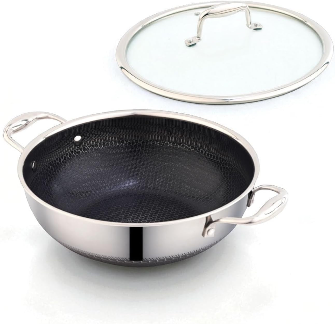 stainless-steel-wok-32-cm-6-5-l-with-glass-lid-kadai-with-two-ear-handles-hybrid-honeycomb-nonstick-pfoa-free-eu-approved-stay-cool-handles-induction-oven-dishwasher-safe-cookware