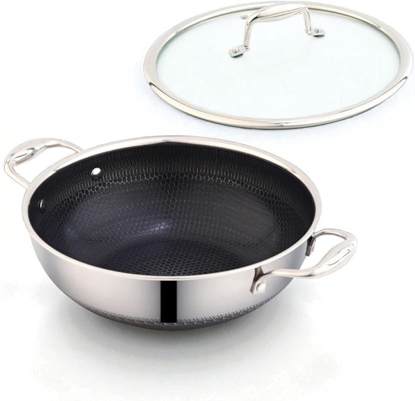 Stainless Steel Wok 32 Cm/6.5 L with Glass Lid – Kadai with Two Ear Handles – Hybrid Honeycomb Nonstick, Pfoa-Free, EU Approved – Stay-Cool Handles – Induction, Oven & Dishwasher Safe Cookware1