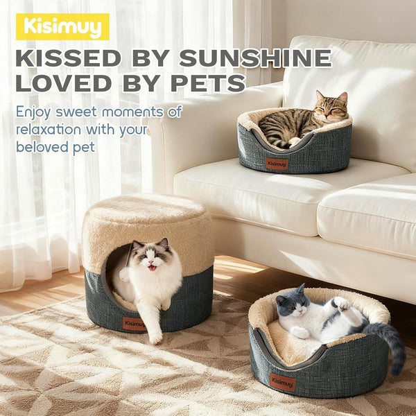 2-In-1 Foldable Cat Bed for Indoor Cats, Cat Cave & Sofa Bed | 15.7"D X 13"H, Reversible Plush & Linen Cushion,Enclosed Cat Bed, Hanging Cat Toys, Non-Slip, Small Cat House, Grey7