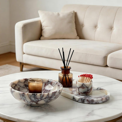 Luxury Natural Marble Decorative Bowl, Centerpiece Catchall Tray Home Decor | Medium 7-Inch Calacatta Viola Marble Centerpiece Bowl, Coffee Table Catchall, Statement Accent Tray for Dining Room Decor6