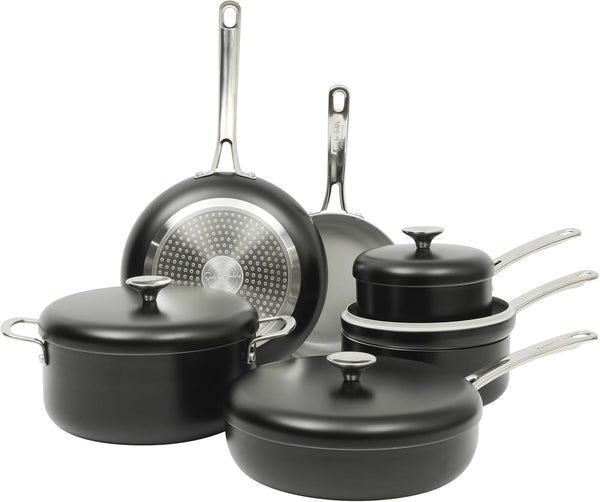 Sur La Table Kitchen Essentials Potluck Porch 10 Piece PFA Free Ceramic Non Stick Interior Forged Aluminum Cookware Pots and Pans Set W/Aluminum Lids - Black - Induction Compatible1