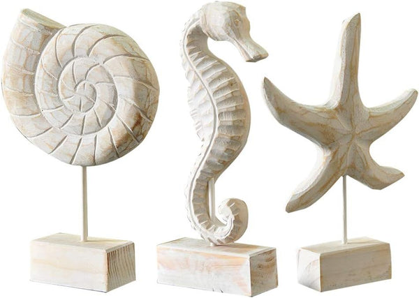 3Pcs Wood Starfish/Conch/Seahorse Statue Beach Ocean Coastal Decor | Nautical Style Figurines for Beach or Home, Tabletop Decor, Home Decor, Handmade Ornament1
