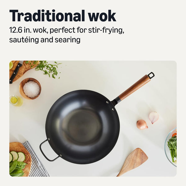 Carbon Steel Pre-Seasoned Wok, All Cooktop Friendly, 12.6 In.2