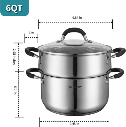 6 Quart Stainless Steel Stock Pot with Steamer,6 Qt Multipurpose Stockpot with Stay-Cool Silicone Handle and Glass Lid,Soup Pot for Cooking6