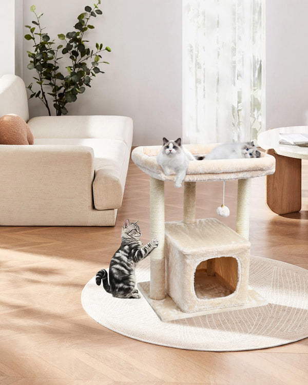 SYANDLVY 27" Cat Tree for Indoor Cats, Activity Tower with Scratching Posts | Modern Kitten Condo with Plush Perch & Hanging Ball for Play, Beige7