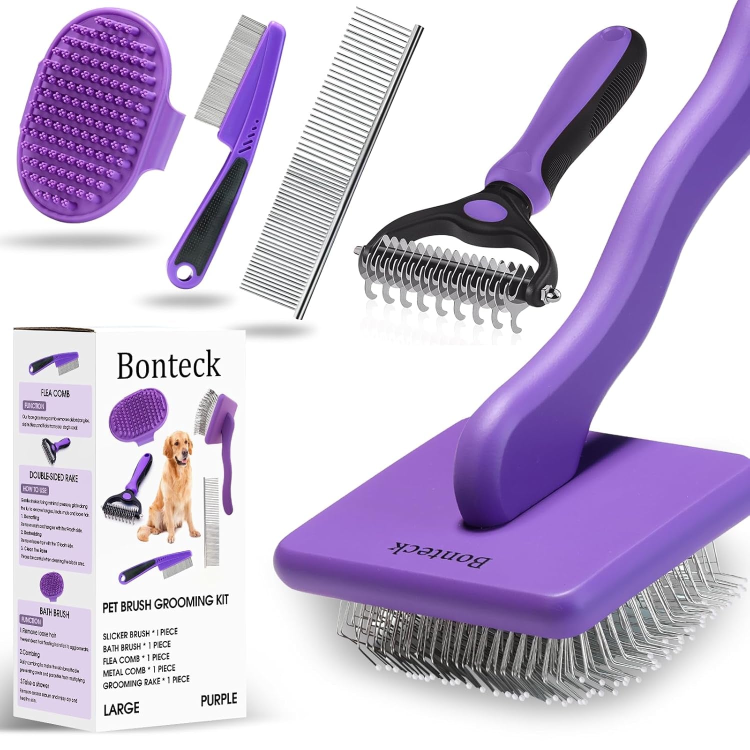 bonteck-dog-slicker-brush-for-dogs-grooming-kit-5pcs-long-haired-doodles-goldendoodles-poodles-skin-friendly-deshedding-comb-and-rake-removes-undercoat-professional-detangling-large-purple