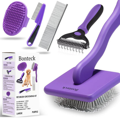 Bonteck Dog Slicker Brush for Dogs Grooming Kit 5PCS Long Haired Doodles | Goldendoodles Poodles, Skin Friendly Deshedding, Comb and Rake, Removes Undercoat, Professional Detangling, Large, Purple1