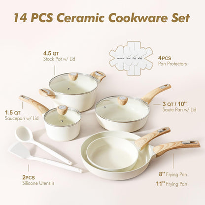 Ceramic Cookware Sets, Pots and Pans Set Non Stick, 14 Piece Induction Cookware, Non Toxic Healthy Non Stick Kitchen Cooking Set, with Frying Pans Set, PFAS PTFE PFOA PFOS Free3