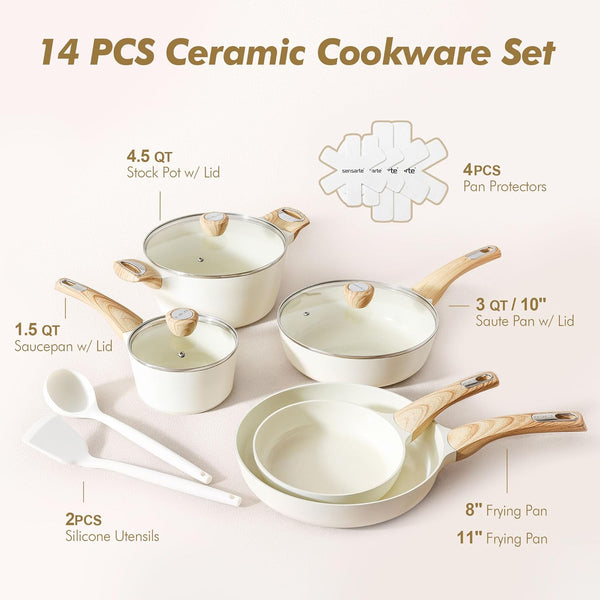 Ceramic Cookware Sets, Pots and Pans Set Non Stick, 14 Piece Induction Cookware, Non Toxic Healthy Non Stick Kitchen Cooking Set, with Frying Pans Set, PFAS PTFE PFOA PFOS Free3