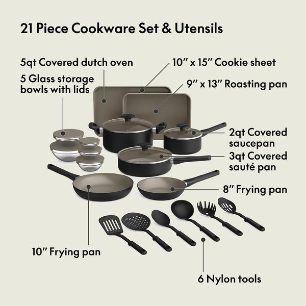 21 Piece Kitchen Set with Evergood™ Ceramic Nonstick Coating​, Dishwasher & Oven Safe, All Stovetops Compatible, Tempered Glass Lids & Cool Touch Handles, Black3