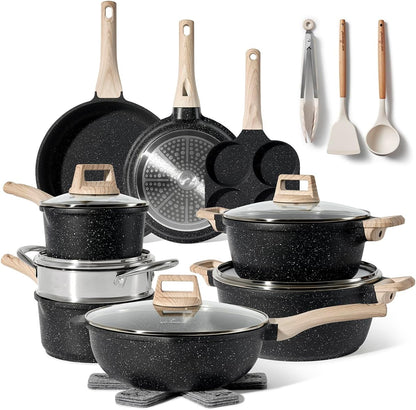 JUST PERFECTO Kitchen Pots and Pans Set with Lids Non Stick - Induction Pots Set - Pots & Pans Set without PTFE and PFOA - Cookware Pot Set Induction 21 Pcs (Black)1
