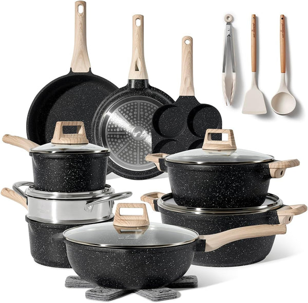 JUST PERFECTO Kitchen Pots and Pans Set with Lids Non Stick - Induction Pots Set - Pots & Pans Set without PTFE and PFOA - Cookware Pot Set Induction 21 Pcs (Black)1