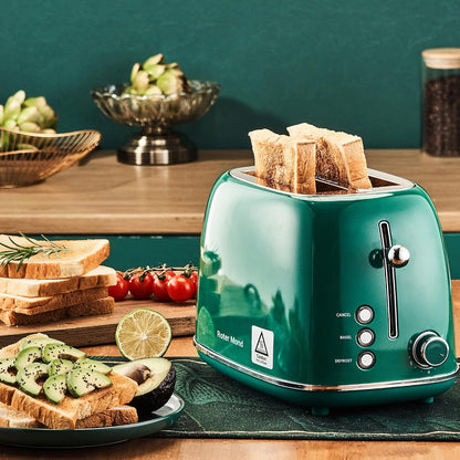 2 Slice Toaster Retro Stainless Steel with Bagel, Cancel, and Defrost Functions, 6 Bread Shade Settings, Extra Wide Slots and Removable Crumb Tray, Green3