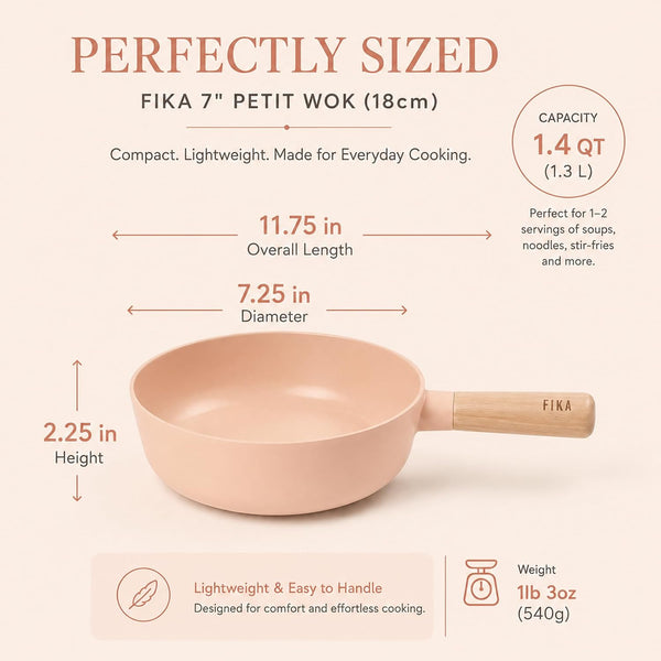 FIKA Small 7-Inch Deep Ceramic Coated Wok Pan, Nonstick Stir Fry & Soup Pan with Natural Wooden Handle, Induction Compatible for All Stovetops, Made in Korea, Made in Korea (18Cm)2