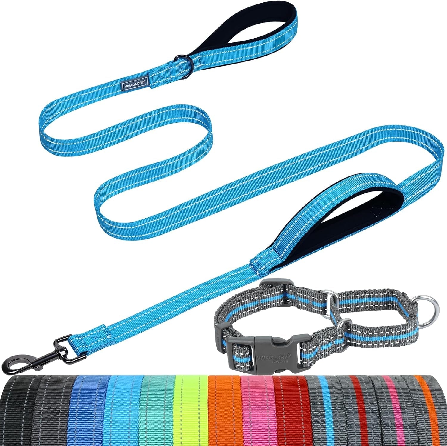 vivaglory-double-handle-dog-leash-twingrip-6ft-x-1in-navy-dog-leash-for-collar-with-traffic-handle-2-loop-for-walking-training-traffic-control-reflective-heavy-duty-puppy-pet