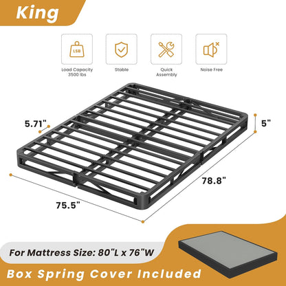 5 Inch King Box Spring Low Profile Metal Bed Base with Boxspring Cover | 3500 Lbs Black Heavy Duty Support, round Corner Design, Metal Mattress Foundation, No Squeaky, Easy Assembly, Noise Free3