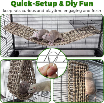 30X7Inch Rat Climbing Toys for Cage, Chewable Natural Seagrass Mat | with Metal Hooks, Soft Fall Breakers for Rats, Rat Ladder Bridge Toy with Mild Grassy Scent, Rodent Hammock Cage Accessories2
