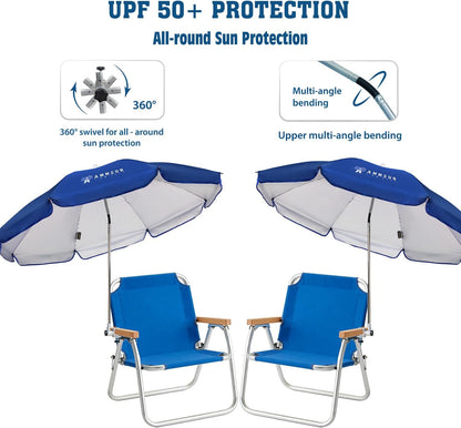 Chair Umbrella with Universal Clamp Adjustable 47 Inches and 360° Swivel & UPF 50+ Protection Portable Sun Umbrella, Secure Clip on Camping/Beach Chairs, Stroller, Wheelchair, Golf Cart, Lounger, Blue, 2 PACK3